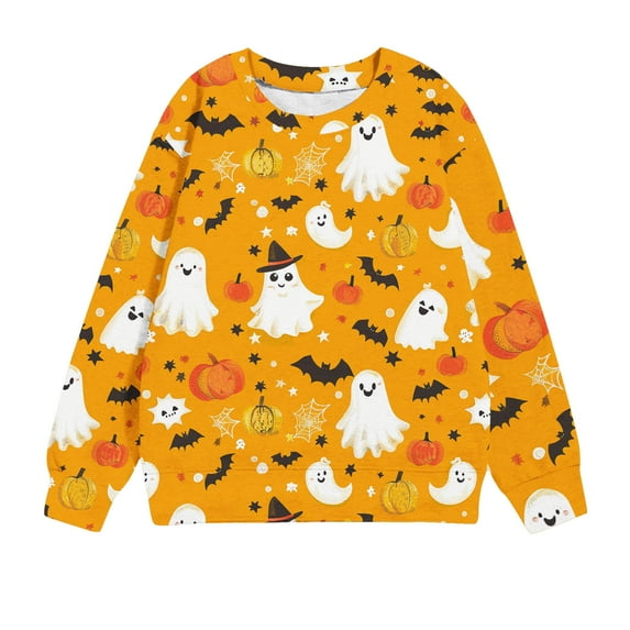 Odeerbi Kids Boys Girls Crewneck Sweatshirts Halloween Pullover Sweatshirts 1-12 Years Children's Round Neck Long Sleeve Halloween Printed Sweatshirt Yellow