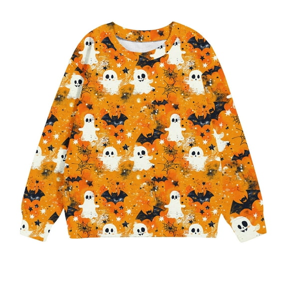 Odeerbi Kids Boys Girls Crewneck Sweatshirts Halloween Pullover Sweatshirts 1-12 Years Children's Round Neck Long Sleeve Halloween Printed Sweatshirt Orange