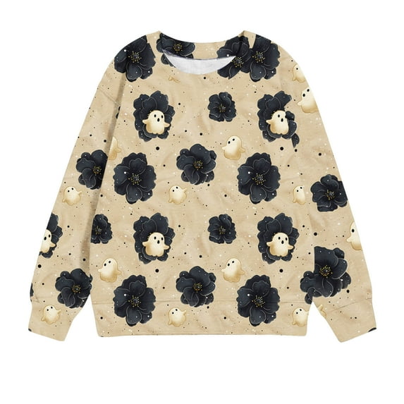 Odeerbi Kids Boys Girls Crewneck Sweatshirts Halloween Pullover Sweatshirts 1-12 Years Children's Round Neck Long Sleeve Halloween Printed Sweatshirt Khaki