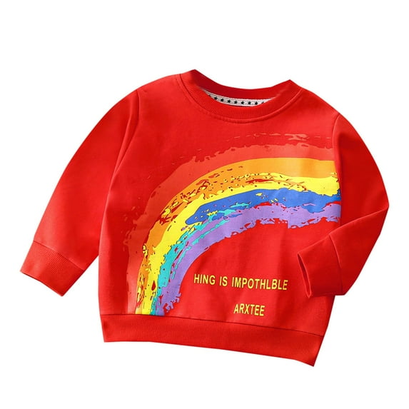 Odeerbi Kids Boys Girls Crewneck Sweatshirts Rainbow Pattern Pullover Sweatshirts Children Round Neck Long Sleeve T-shirt Style Pullover Sweatshirt Top Red
