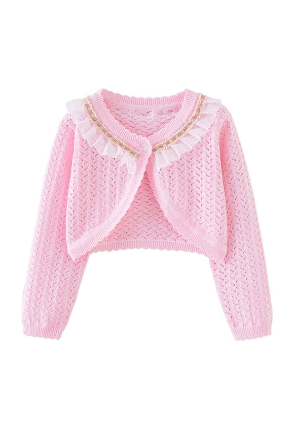 Kids Boys Girls Crochet Knit Bolero Shrugs Cute Lace Cardigan Children's Fashion Sweet Bow Loose Cover Up Tops Button Closure Long Sleeve Casual Knitwear
