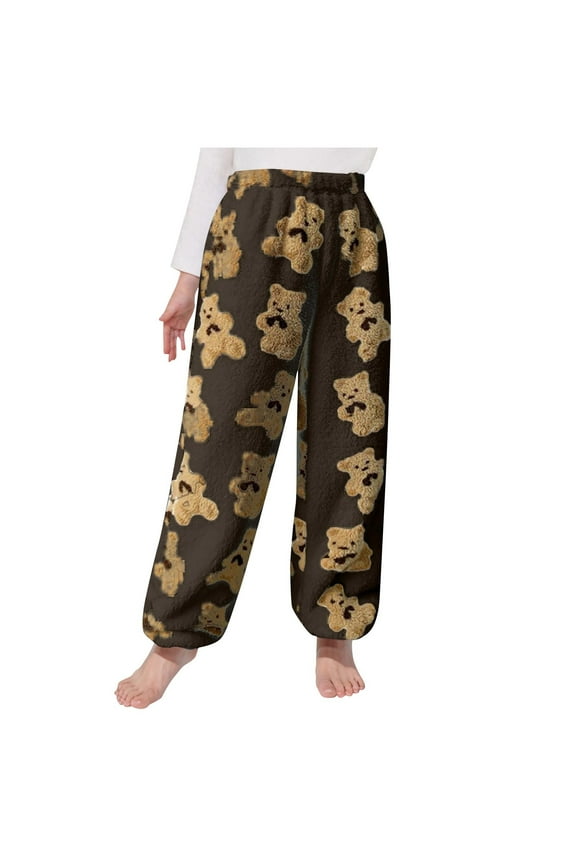 Kids Boys Girls Cute Bear Fleece Pajama Pants Winter Thermal Sleepwear Bottoms Kids Solid Color Print Warm Pants Loungewear Full Length Pants Kids Clothes Brown