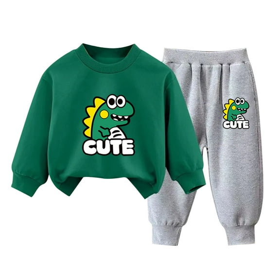 Odeerbi Kids Boys Girls Dinosaur Sweatsuits Winter Warm Fleece Two Piece Outfits Set Cartoon Printed Sweatshirt Jogger Pants Tracksuit Set Loose Pullover Sweater Casual Hoodie Olive Green