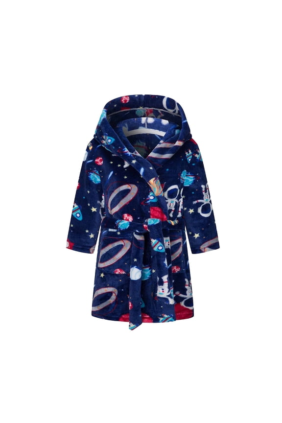 Kids Boys Girls Flannel Bathrobes Kids Soft Hooded Sleepwear Night-robe Kids Flannel Hooded Bathrobe Sleepwear Toddler Plush Robes With Belt Navy 7-8 Years