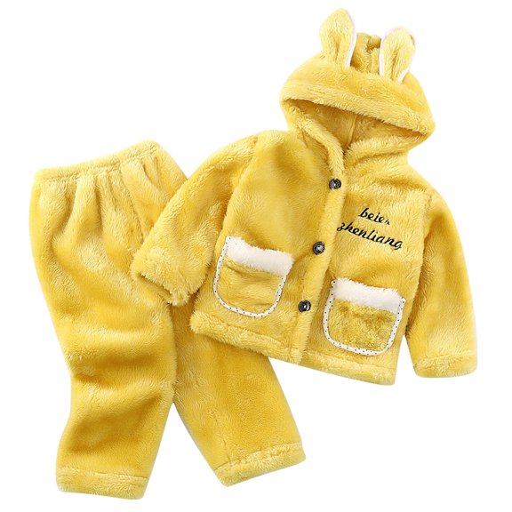 Odeerbi Kids Boys Girls Flannel Pajama Sets Winter Warm Fleece Loungewear Children's Flannel Hooded Sleepwear Set Long Pants Thickened Home Clothes Set Yellow
