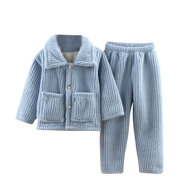 Odeerbi Kids Boys Girls Flannel Pajama Sets Winter Warm Fleece Loungewear Children's Flannel Lapel Collar Sleepwear Set Long Pants Thickened Home Clothes Set Blue