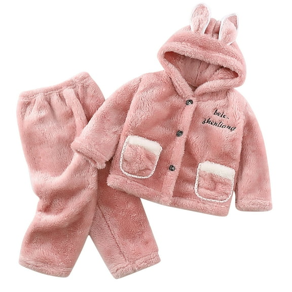 Odeerbi Kids Boys Girls Flannel Pajama Sets Winter Warm Fleece Loungewear Children's Flannel Hooded Sleepwear Set Long Pants Thickened Home Clothes Set Pink
