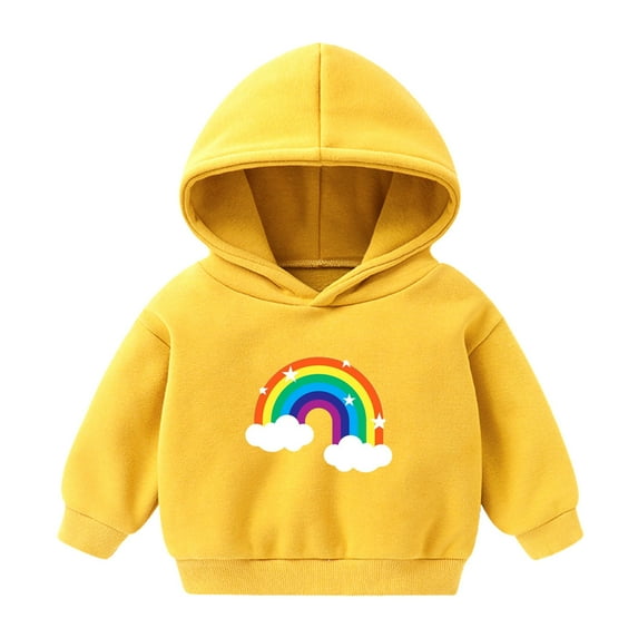 Odeerbi Kids Boys Girls Fleece Hoodies Rainbow Pattern Pullover Hooded Sweatshirts Children's Printed Long Sleeve Round Neck Hooded Sweatshirt Yellow