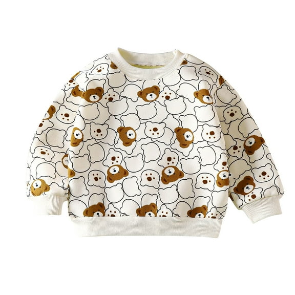 Odeerbi Kids Boys Girls Fleece Lined Crewneck Sweatshirts Winter Thermal Pullover Sweatshirt New Children's Printed Long Sleeve Plush Sweatshirt Kids Clothes Khaki