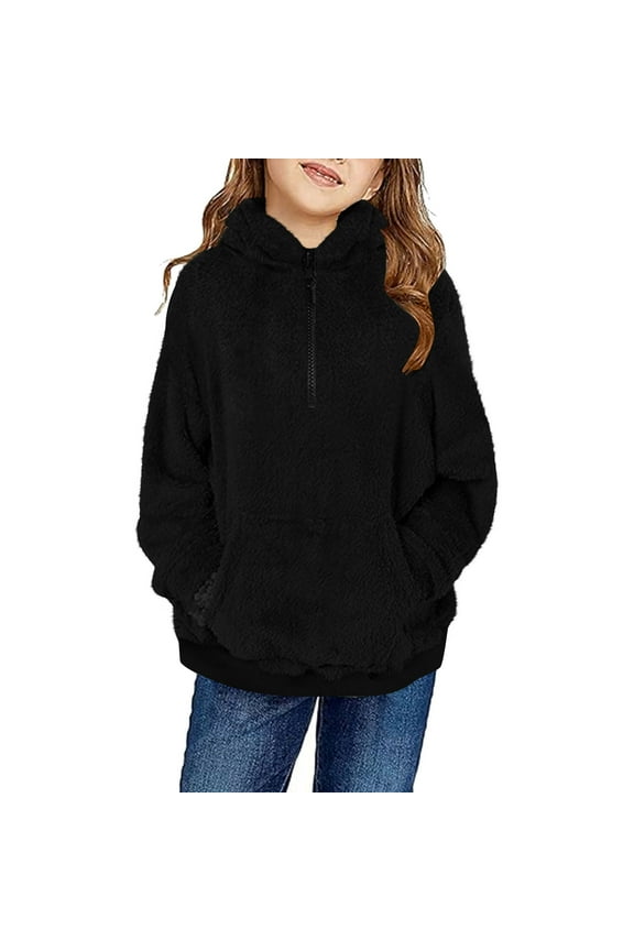 Kids Boys Girls Fleece Lined Half Zip Hooded Sweatshirt Winter Thermal Jacket Fleece Hooded Jackets Kids Zip Up Outerwear Coat Kids Cardigan Sweatshirt Black