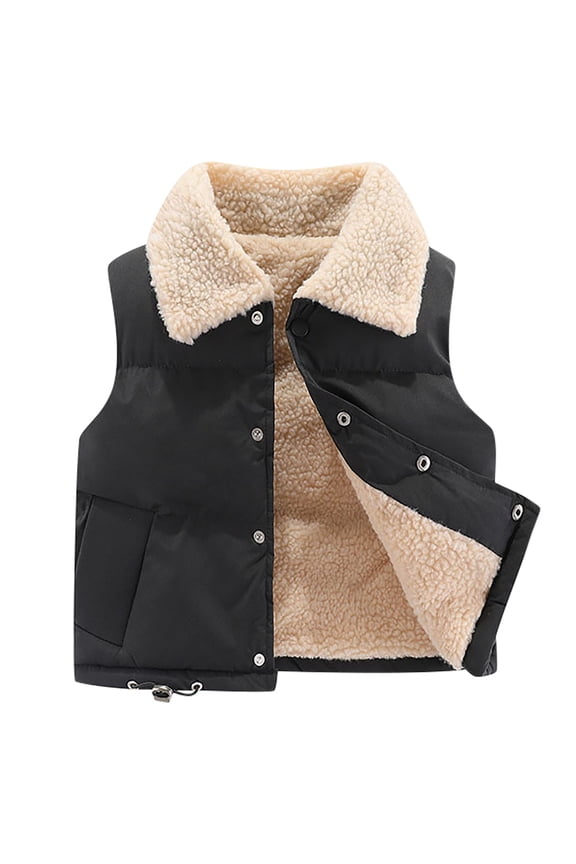 Kids Boys Girls Fleece Lined Puffer Vest Fall Winter Thermal Gilet Down Vest Kids Cute Solid Color Plush Thick Keep Warm Sleeveless Jacket Coat Kids Clothes Black