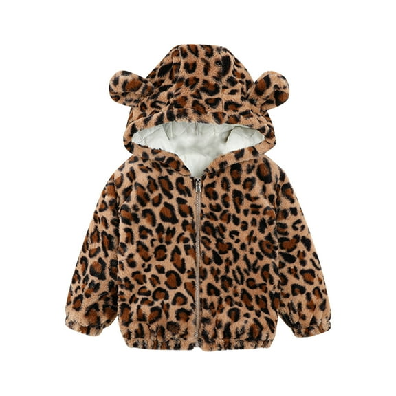 Odeerbi Kids Boys Girls Fleece Lined Sherpa Jacket Winter Thermal Coat 1-8 Years Kids Long Sleeve Leopard Print Plush Thick Cotton Outerwear Warm Hooded Jacket Kids Clothes Brown