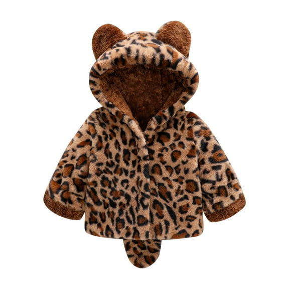 Odeerbi Kids Boys Girls Fleece Lined Sherpa Jacket Winter Thermal Coat 6M-8T Kids Long Sleeve Leopard Print Plush Thick Cotton Outerwear Warm Long Sleeve Hooded Jacket Kids Clothes Brown