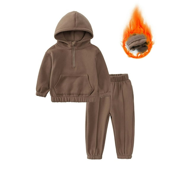 Odeerbi Kids Boys Girls Fleece Lined Sweatsuit Cotton Sports Hoodie Winter Children's Long Sleeve Hooded Sweatshirt Pockets Tops And Cargo Pants 2024 Casual Two-piece Set Coffee 6-7 Years