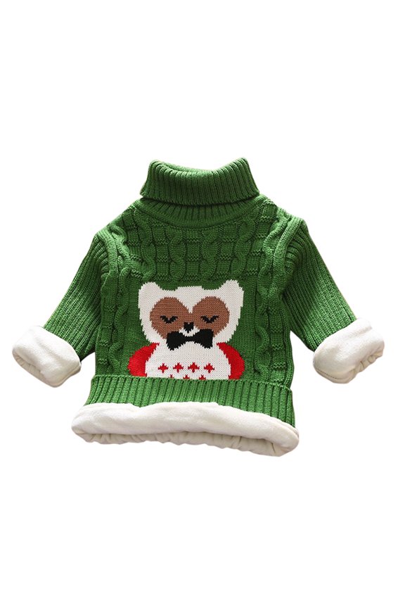 Kids Boys Girls Fleece Lined Turtleneck Sweater Winter Thermal Cable Knit Sweater 1-12 Years Kids Owl Print Loose Velvet Sweater Long Sleeve Sweater Kids Clothes Green