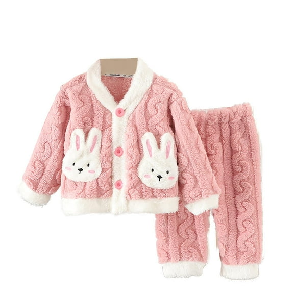 Odeerbi Kids Boys Girls Fleece Pajama Sets Fall Winter Thermal Pajamas Kids Printed Long Sleeve Plush Sleepwear Thickened Home Clothes Lounge Sets Kids Clothes Pink