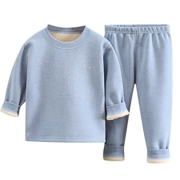 Odeerbi Kids Boys Girls Fleece Thermal Long Johns Fall Winter Soft Base Layer Pajamas Set Child Spring Printing Pants Long Sleeve Round Neck Blouses Sets Blue