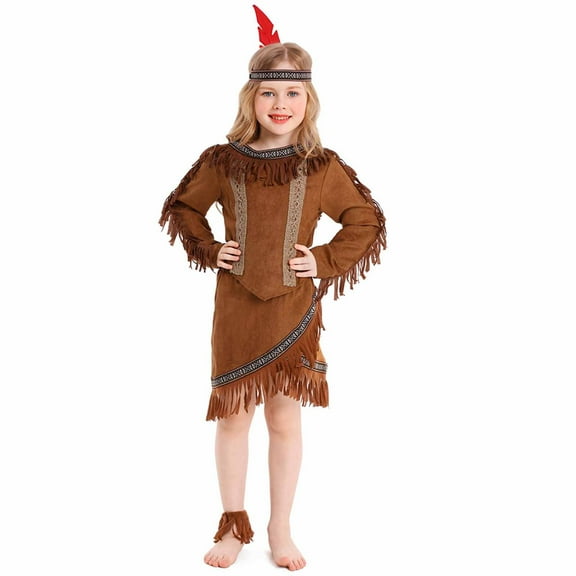 Odeerbi Kids Boys Girls Forest Tribe Stage Performance Clothes Long Sleeve Fringe Top + Skirt + Necklace + Headpiece + Footrest Sets Brown