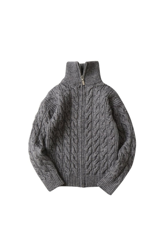 Kids Boys Girls Full Zip Cardigan Sweater Ribbed Knit Turtleneck Sweater Winter Warm Lamb Down Fabric Sweater Streak Sheep Wool Hooded Zipper Sweater Dark Gray