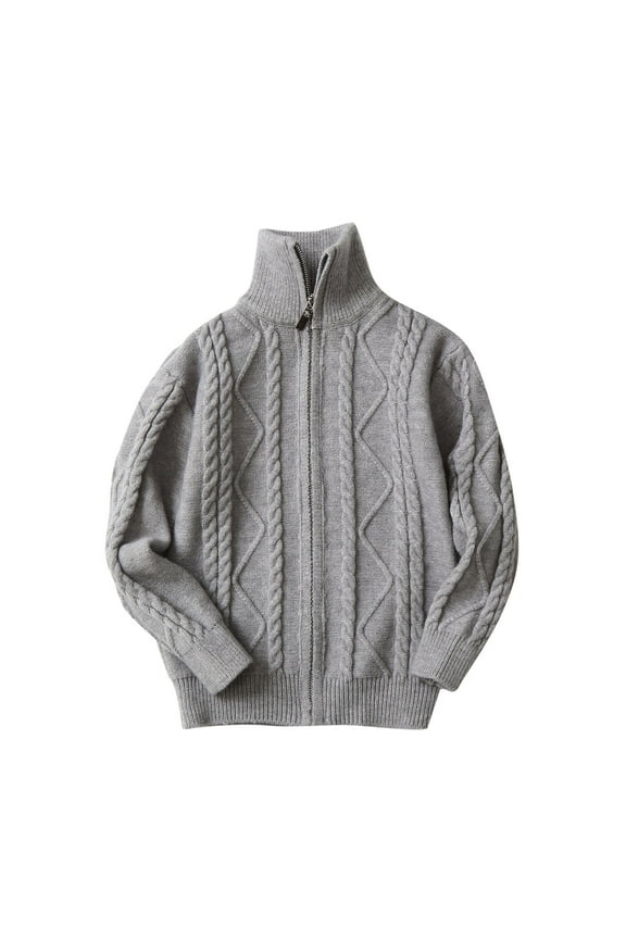 Kids Boys Girls Full Zip Cardigan Sweater Ribbed Knit Turtleneck Sweater Winter Warm Lamb Down Fabric Sweater Streak Sheep Wool Hooded Zipper Sweater Gray