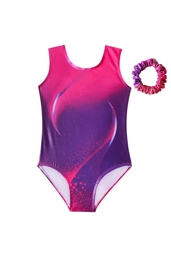 Kids Boys Girls Gymnastics Leotards Gradient Dancing Athletic Leotards Kids Oversized Crewneck Sleeveless Jumpsuits Gym Suit Hair Rope Set Kids Dancewear Clothes Hot Pink