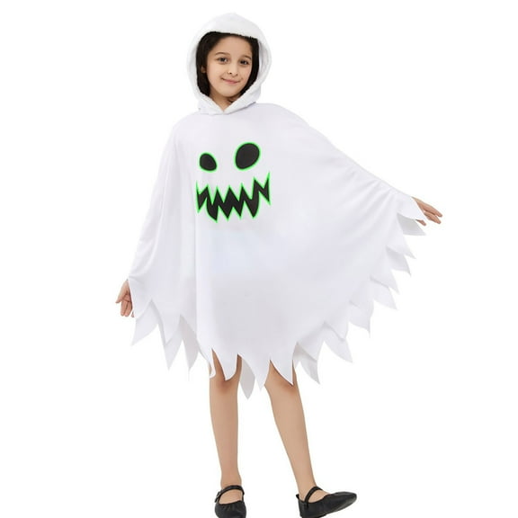 Odeerbi Kids Boys Girls Halloween Ghost Cloak Fringe Hooded Cape 3-12 Years Children's Halloween Party Dress Up Cloak Long Sleeve Robe White