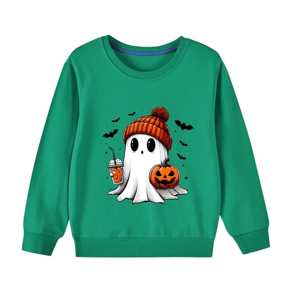 Odeerbi Kids Boys Girls Halloween Ghost Crewneck Sweatshirts Fall Winter Cotton Sweatshirt Kids Kids Cute Solid Color Halloween Long Sleeve Sweatshirts Top Kids Clothes Green