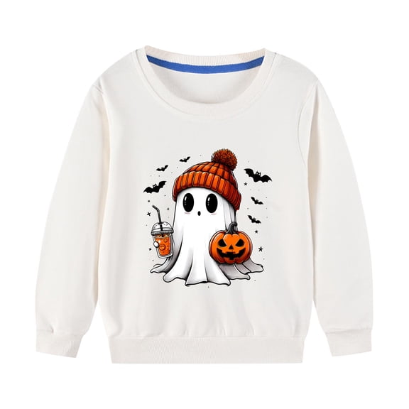 Odeerbi Kids Boys Girls Halloween Ghost Crewneck Sweatshirts Fall Winter Cotton Sweatshirt Kids Kids Cute Solid Color Halloween Long Sleeve Sweatshirts Top Kids Clothes White