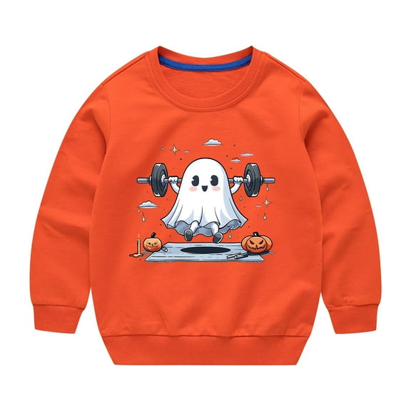 Odeerbi Kids Boys Girls Halloween Ghost Crewneck Sweatshirts Fall Winter Cotton Sweatshirt Kids Kids Cute Solid Color Halloween Print Long Sleeve Sweatshirts Top Kids Clothes Orange
