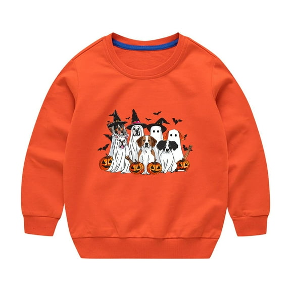 Odeerbi Kids Boys Girls Halloween Ghost Crewneck Sweatshirts Fall Winter Cotton Sweatshirt Kids Kids Cute Solid Color Halloween Print Long Sleeve Sweatshirts Top Kids Clothes Orange