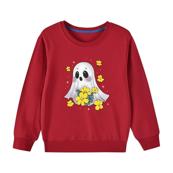 Odeerbi Kids Boys Girls Halloween Ghost Crewneck Sweatshirts Fall Winter Cotton Sweatshirt Kids Kids Cute Solid Color Halloween Print Long Sleeve Sweatshirts Top Kids Clothes Red