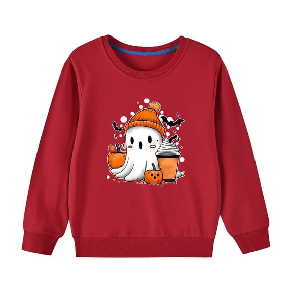 Odeerbi Kids Boys Girls Halloween Ghost Crewneck Sweatshirts Fall Winter Cotton Sweatshirt Kids Kids Cute Solid Color Halloween Print Long Sleeve Sweatshirts Top Kids Clothes Red
