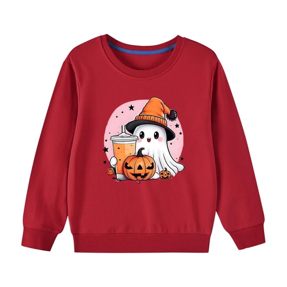 Odeerbi Kids Boys Girls Halloween Ghost Crewneck Sweatshirts Fall Winter Cotton Sweatshirt Kids Kids Cute Solid Color Halloween Print Long Sleeve Sweatshirts Top Kids Clothes Red
