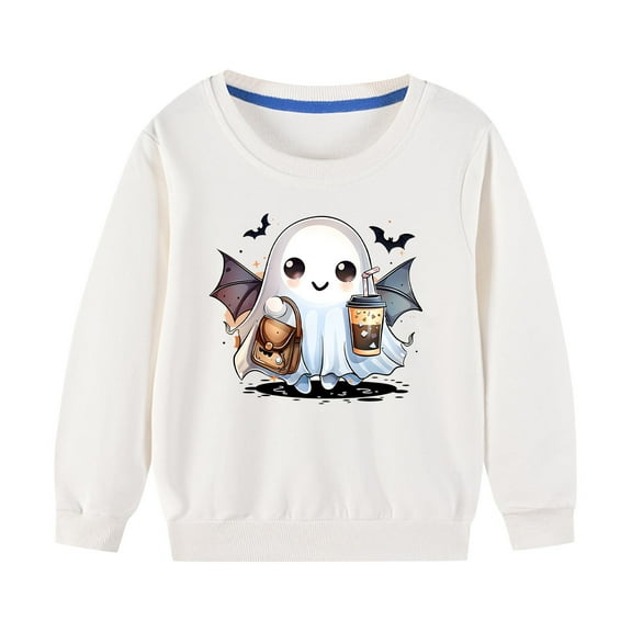 Odeerbi Kids Boys Girls Halloween Ghost Crewneck Sweatshirts Fall Winter Cotton Sweatshirt Kids Kids Cute Solid Color Halloween Print Long Sleeve Sweatshirts Top Kids Clothes White