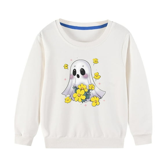 Odeerbi Kids Boys Girls Halloween Ghost Crewneck Sweatshirts Fall Winter Cotton Sweatshirt Kids Kids Cute Solid Color Halloween Print Long Sleeve Sweatshirts Top Kids Clothes White