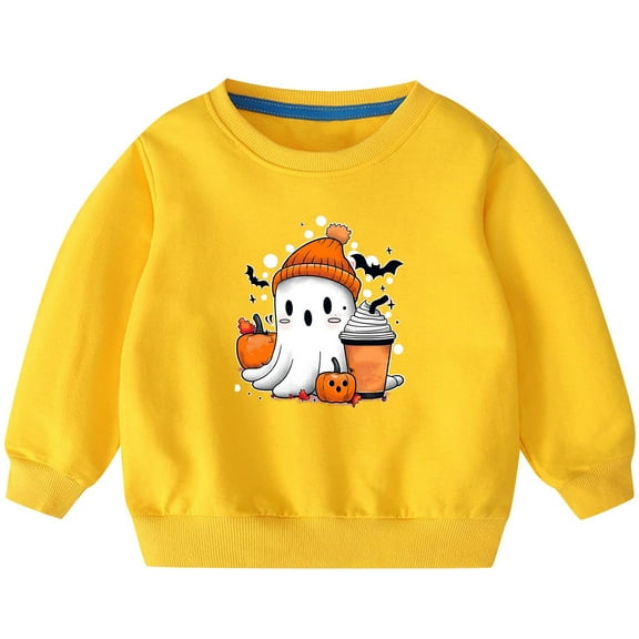 Odeerbi Kids Boys Girls Halloween Ghost Crewneck Sweatshirts Fall Winter Cotton Sweatshirt Kids Kids Cute Solid Color Halloween Print Long Sleeve Sweatshirts Top Kids Clothes Yellow