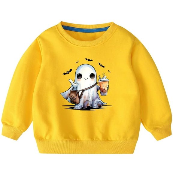 Odeerbi Kids Boys Girls Halloween Ghost Crewneck Sweatshirts Fall Winter Cotton Sweatshirt Kids Kids Cute Solid Color Halloween Print Long Sleeve Sweatshirts Top Kids Clothes Yellow