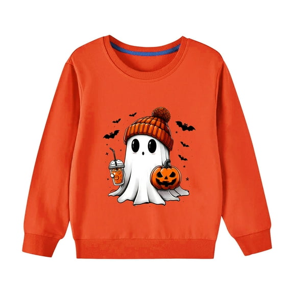 Odeerbi Kids Boys Girls Halloween Ghost Crewneck Sweatshirts Fall Winter Cotton Sweatshirt Kids Kids Cute Solid Color Halloween Long Sleeve Sweatshirts Top Kids Clothes Orange