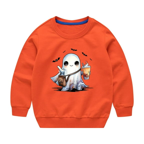 Odeerbi Kids Boys Girls Halloween Ghost Crewneck Sweatshirts Fall Winter Cotton Sweatshirt Kids Kids Cute Solid Color Halloween Print Long Sleeve Sweatshirts Top Kids Clothes Orange