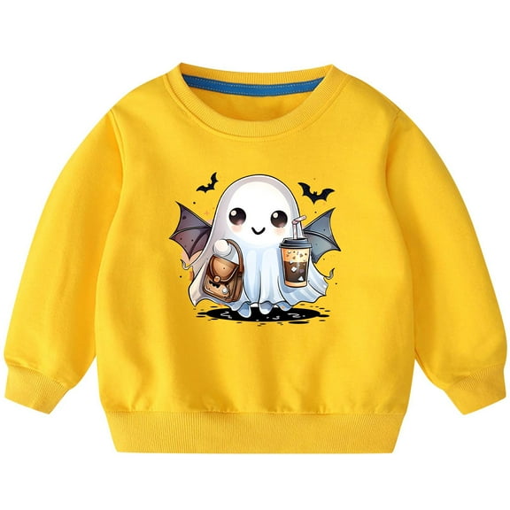 Odeerbi Kids Boys Girls Halloween Ghost Crewneck Sweatshirts Fall Winter Cotton Sweatshirt Kids Kids Cute Solid Color Halloween Print Long Sleeve Sweatshirts Top Kids Clothes Yellow