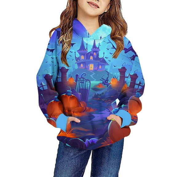 Odeerbi Kids Boys Girls Halloween Hoodies Ghost Print Hooded Sweatshirts Crewneck Oversized Hooded Sweatshirt 4-14 Years Kids Fashion Long Sleeve Pullover Tops Blue