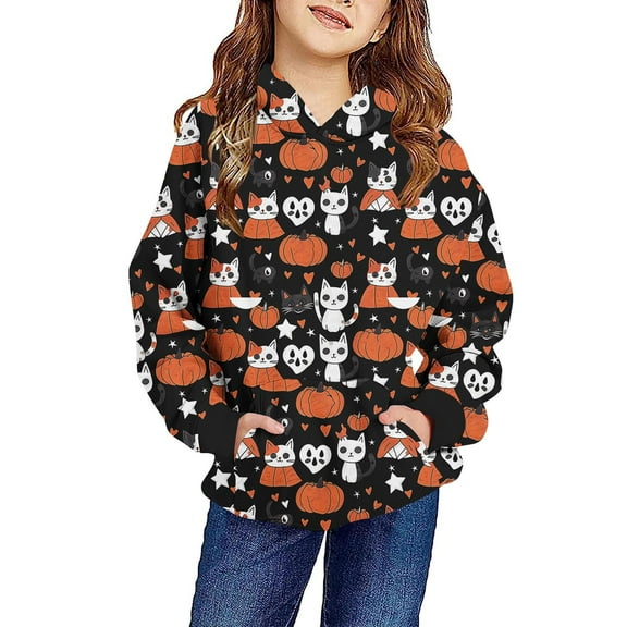 Odeerbi Kids Boys Girls Halloween Hoodies Ghost Print Hooded Sweatshirts Crewneck Oversized Hooded Sweatshirt 4-14 Years Kids Fashion Long Sleeve Pullover Tops Black