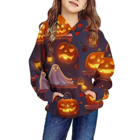 Odeerbi Kids Boys Girls Halloween Hoodies Ghost Print Hooded Sweatshirts Crewneck Oversized Hooded Sweatshirt 4-14 Years Kids Fashion Long Sleeve Pullover Tops Red