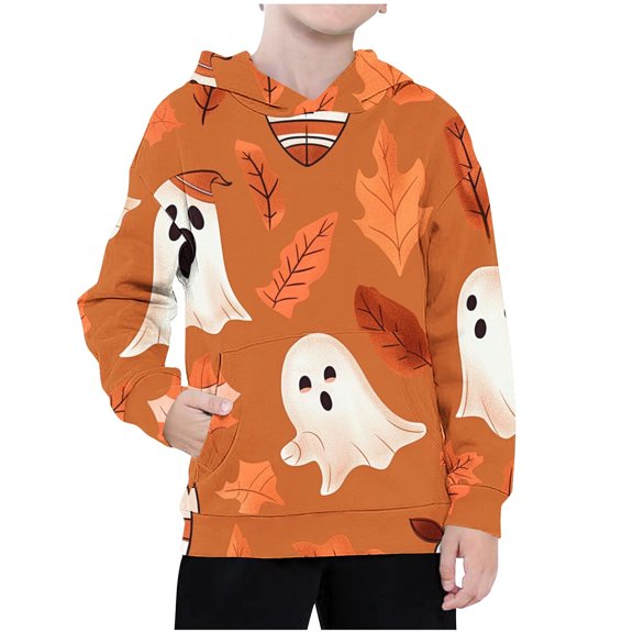 Odeerbi Kids Boys Girls Halloween Hoodies Printed Pullover Hooded Sweatshirts Children's Halloween Pattern Printed Hooded Sweatshirt Round Neck Long Sleeve Long Top Orange