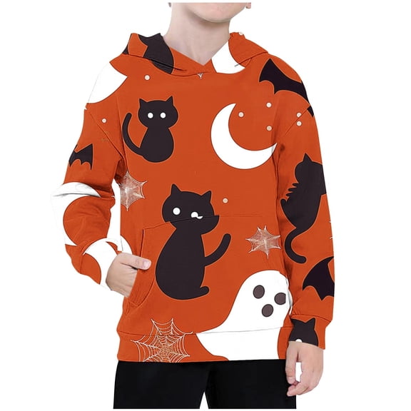 Odeerbi Kids Boys Girls Halloween Hoodies Printed Pullover Hooded Sweatshirts Children's Halloween Pattern Printed Hooded Sweatshirt Round Neck Long Sleeve Long Top Red