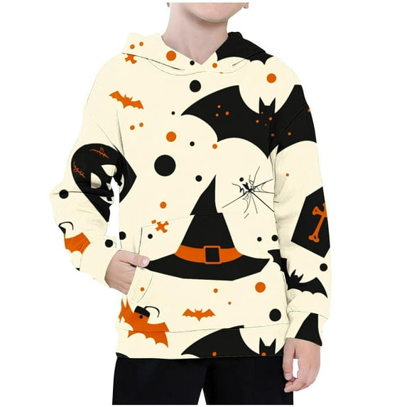 Odeerbi Kids Boys Girls Halloween Hoodies Printed Pullover Hooded Sweatshirts Children's Round Neck Long Sleeve Halloween Pattern Printed Hooded Sweatshirt Beige