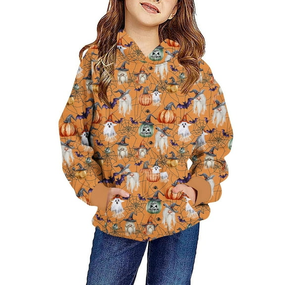 Odeerbi Kids Boys Girls Halloween Hoodies Printed Pullover Hooded Sweatshirts Oversized Crewneck Hooded Sweatshirt Kids Fashion Long Sleeve Pullover Tops 4-14 Years Orange