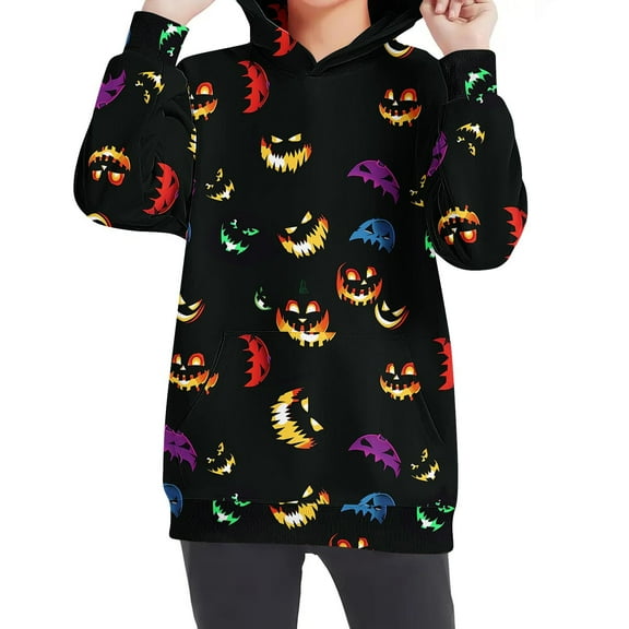 Odeerbi Kids Boys Girls Halloween Hoodies Printed Pullover Hooded Sweatshirts Oversized Crewneck Hooded Sweatshirt Kids Fashion Long Sleeve Pullover Tops 4-14 Years Black