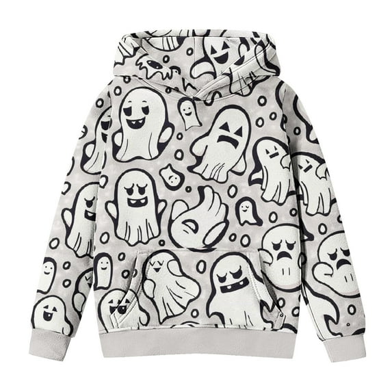 Odeerbi Kids Boys Girls Halloween Hoodies Printed Pullover Hooded Sweatshirts Oversized Crewneck Hooded Sweatshirt Kids Fashion Long Sleeve Pullover Tops 4-14 Years Gray