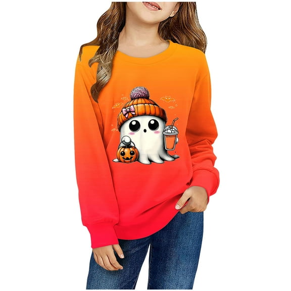 Odeerbi Kids Boys Girls Halloween Pumpkin Ghost Crewneck Sweatshirts Fall Winter Pullover Sweatshirt 1-12 Years Kids Printed Long Sleeve T-shirt Top Kids Clothes Orange